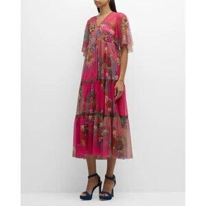 NWOT Johnny Was Embroidered V Neck Mazzy Mesh A Line Shift Maxi Tiered Dress S